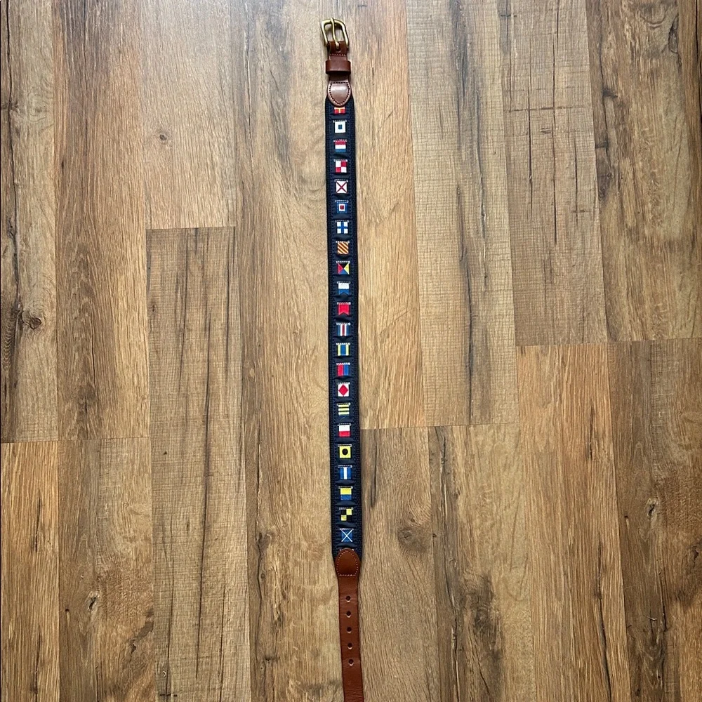 Boys Nautical Flag Pattern Belt with Brown Leather